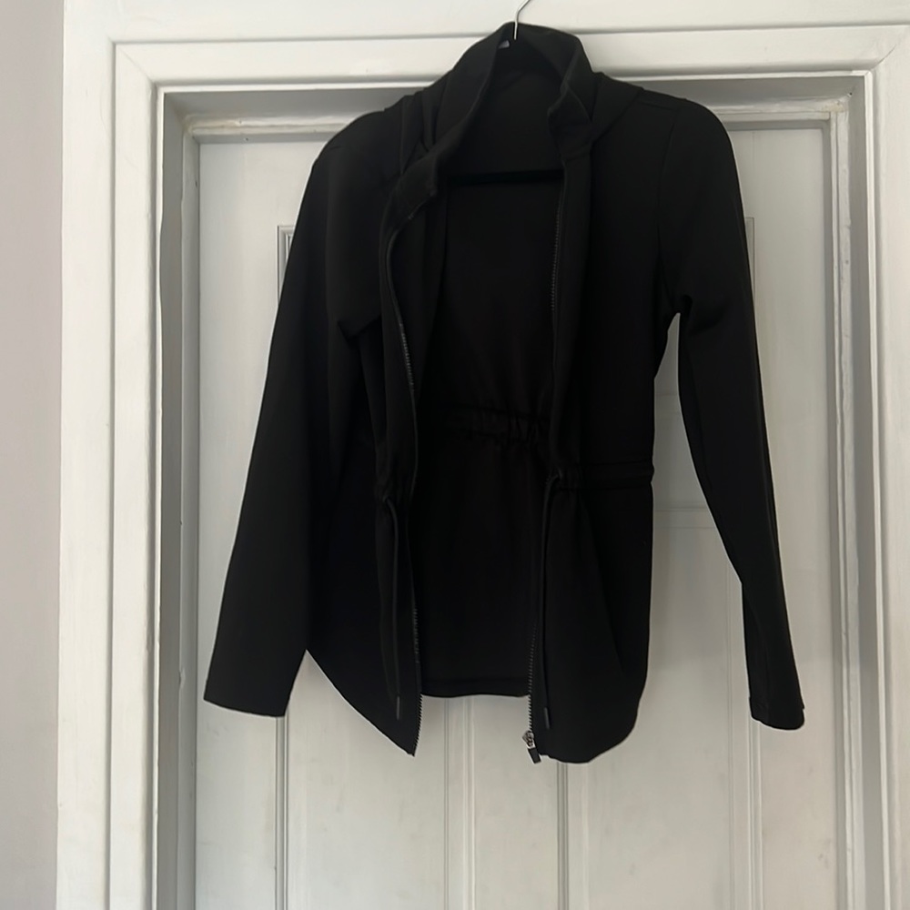 Black, athletic zip up hoodie with drawstring